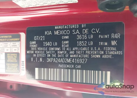 2021 Kia Rio S из США, поврежденный, VIN 3KPA24AD2ME416927